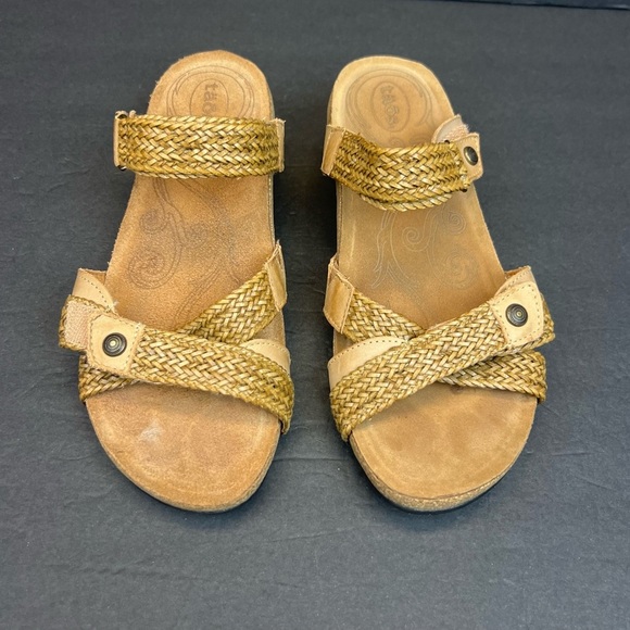 Taos Fabulous Slide with Cork Wedge Heel Size 7- 7.5 Sandals Tan Leather - Picture 9 of 11